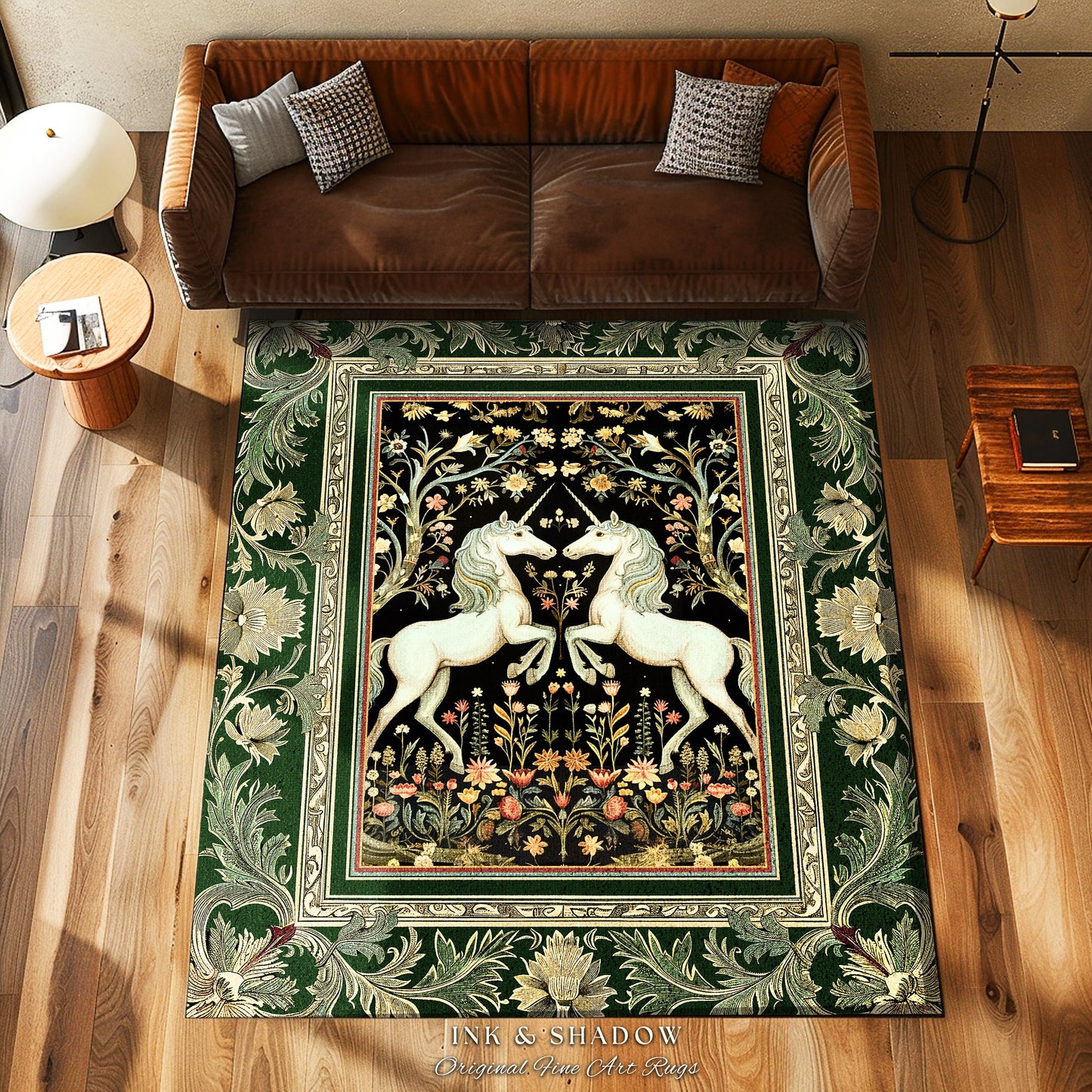 Royal Unicorns Ethereal Unicorn Rug | Fantasy Storybook Enchanted Bedroom Rug Whimsical Home Accent Sage Green Baroque Area Rug Cottagecore