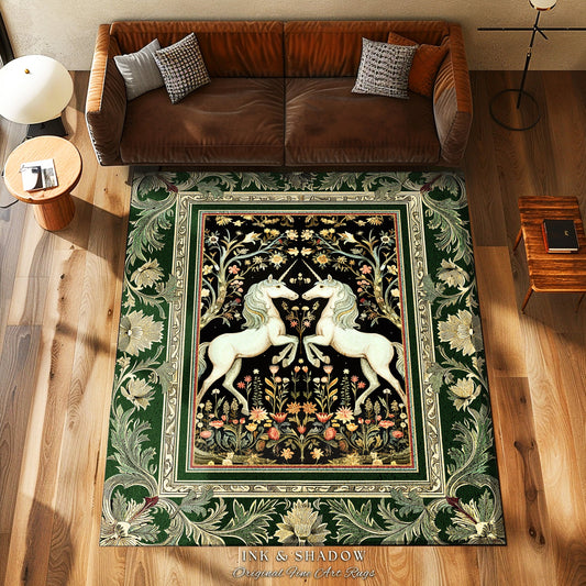 Royal Unicorns Ethereal Unicorn Rug | Fantasy Storybook Enchanted Bedroom Rug Whimsical Home Accent Sage Green Baroque Area Rug Cottagecore