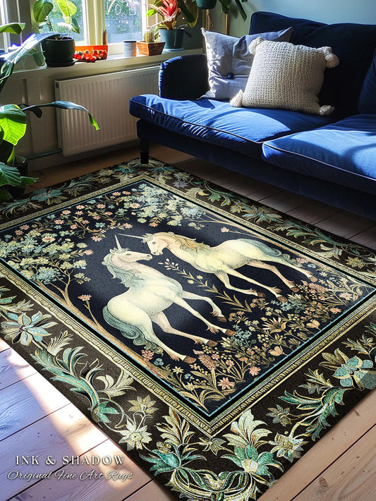 Woodland Floral Unicorn Area Rug | Fairycore Folklore Home Accent Rug Fantasy Storybook Bedroom Whimsical Sage Green Whimsical Cottagecore