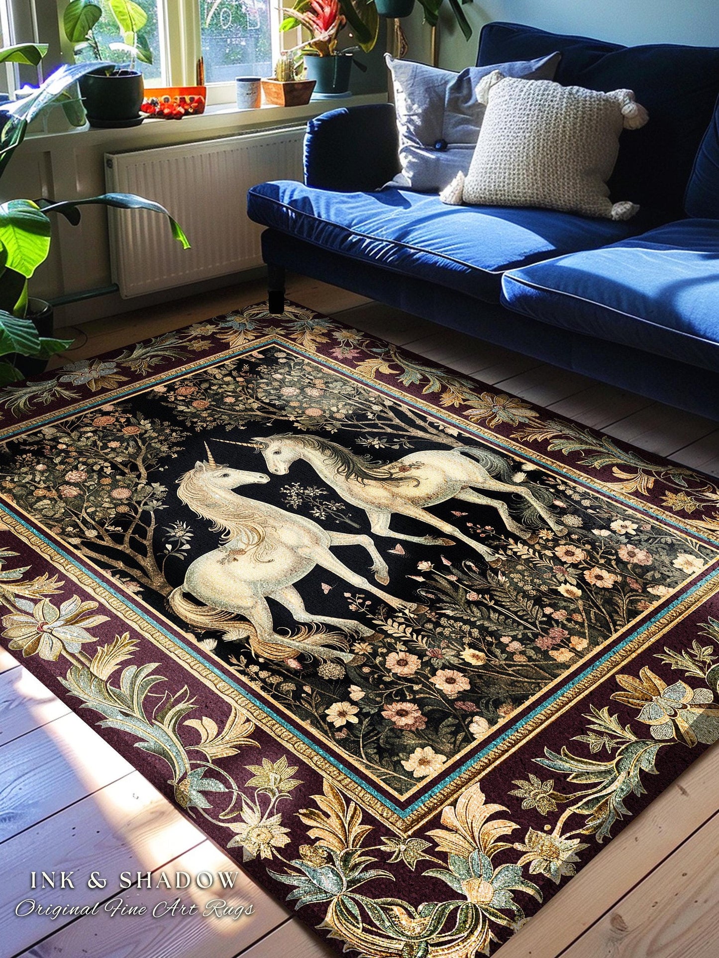 Enchanting Gothic Unicorn Lover Rug | Ethereal Woodland Whimsy Floral Fairytale Home Accent Rug Whimsical Decor Magical Fairycore Bedroom |
