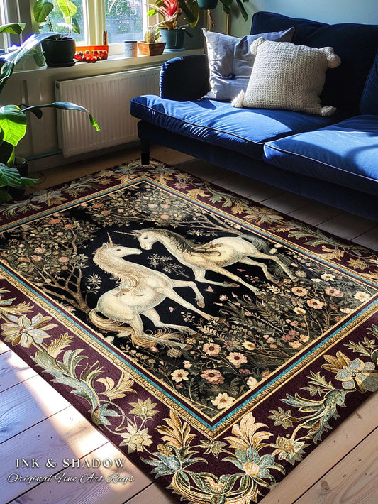 Enchanting Gothic Unicorn Lover Rug | Ethereal Woodland Whimsy Floral Fairytale Home Accent Rug Whimsical Decor Magical Fairycore Bedroom |