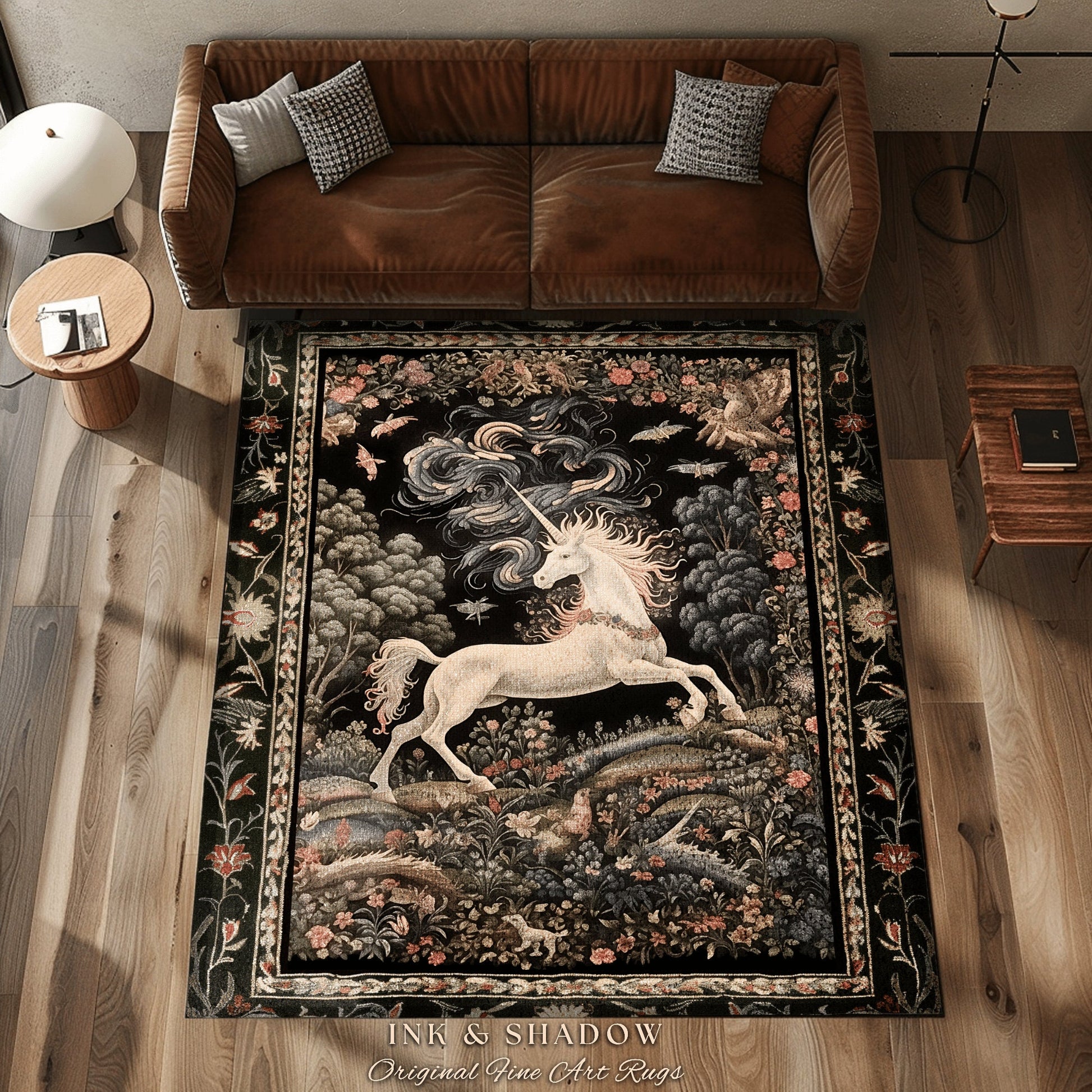 Enchanted Unicorn Accent Rug | Fairytale Aesthetic Nursery Decor Morris Style Cottagecore Fairycore Nursery Area Rug Mystical Storybook Art