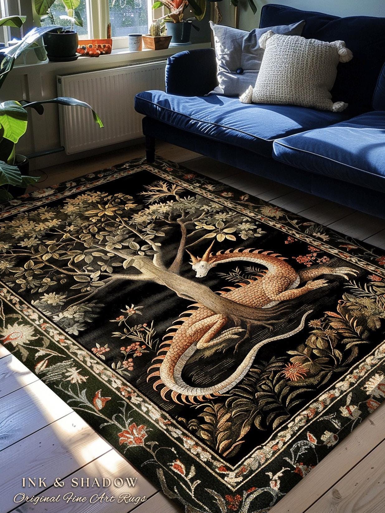 Dark Medieval Fantasy Round Area Rug | Baroque Aesthetic Fairytale Inspired Nursery Decor Mystic Academia Fairycore Goth Bedroom Home Accent