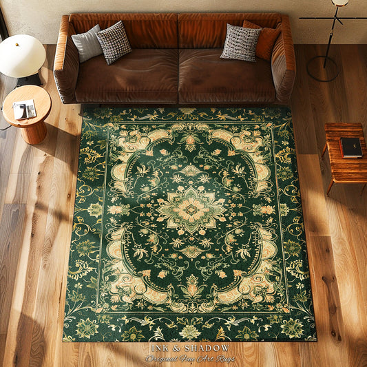 Dark Rich Forest Green Area Rug | Floral Elegance Ornate Bohemian Style Accent Rug Baroque Aesthetic Emerald Green Detail Vibrant Colors |