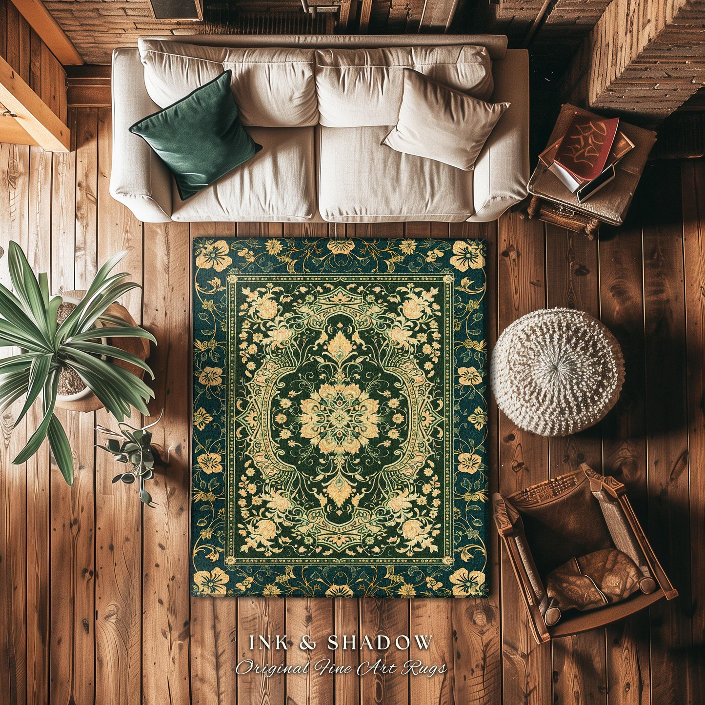Classical Victorian Green Accent Rug | Vibrant Colors Forest Green Area Rug Floral Elegance Ornate Bohemian Style Baroque Emerald Green |