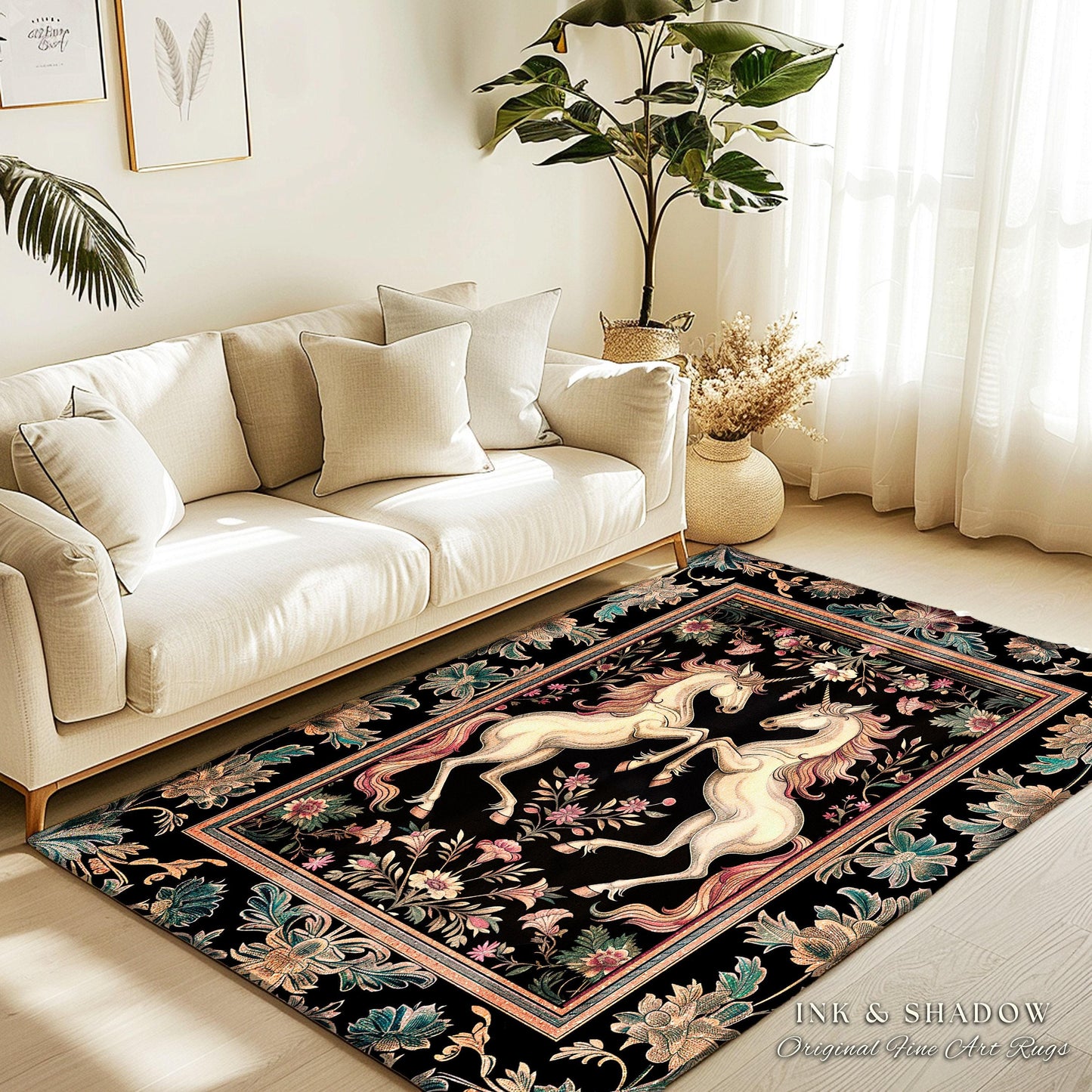 Rustic Folklore Mystical Unicorn Area Rug | Whimsical Purple Accent Bedroom Decor Magic Cottagecore Fairycore Magical Creature Dark Floral