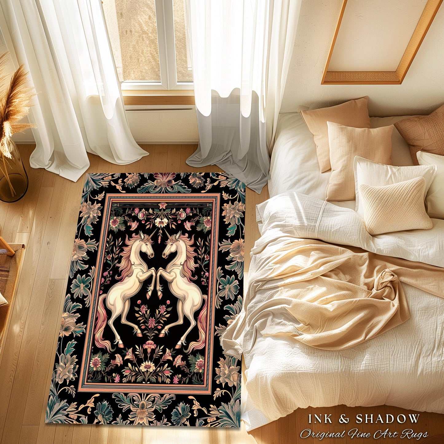 Rustic Folklore Mystical Unicorn Area Rug | Whimsical Purple Accent Bedroom Decor Magic Cottagecore Fairycore Magical Creature Dark Floral