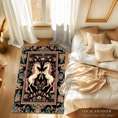 Rustic Folklore Mystical Unicorn Area Rug | Whimsical Purple Accent Bedroom Decor Magic Cottagecore Fairycore Magical Creature Dark Floral