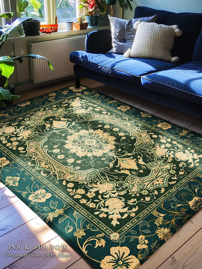Classical Victorian Green Accent Rug | Vibrant Colors Forest Green Area Rug Floral Elegance Ornate Bohemian Style Baroque Emerald Green |