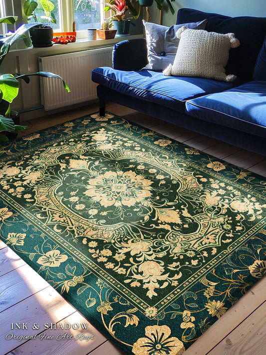 Classical Victorian Green Accent Rug | Vibrant Colors Forest Green Area Rug Floral Elegance Ornate Bohemian Style Baroque Emerald Green |