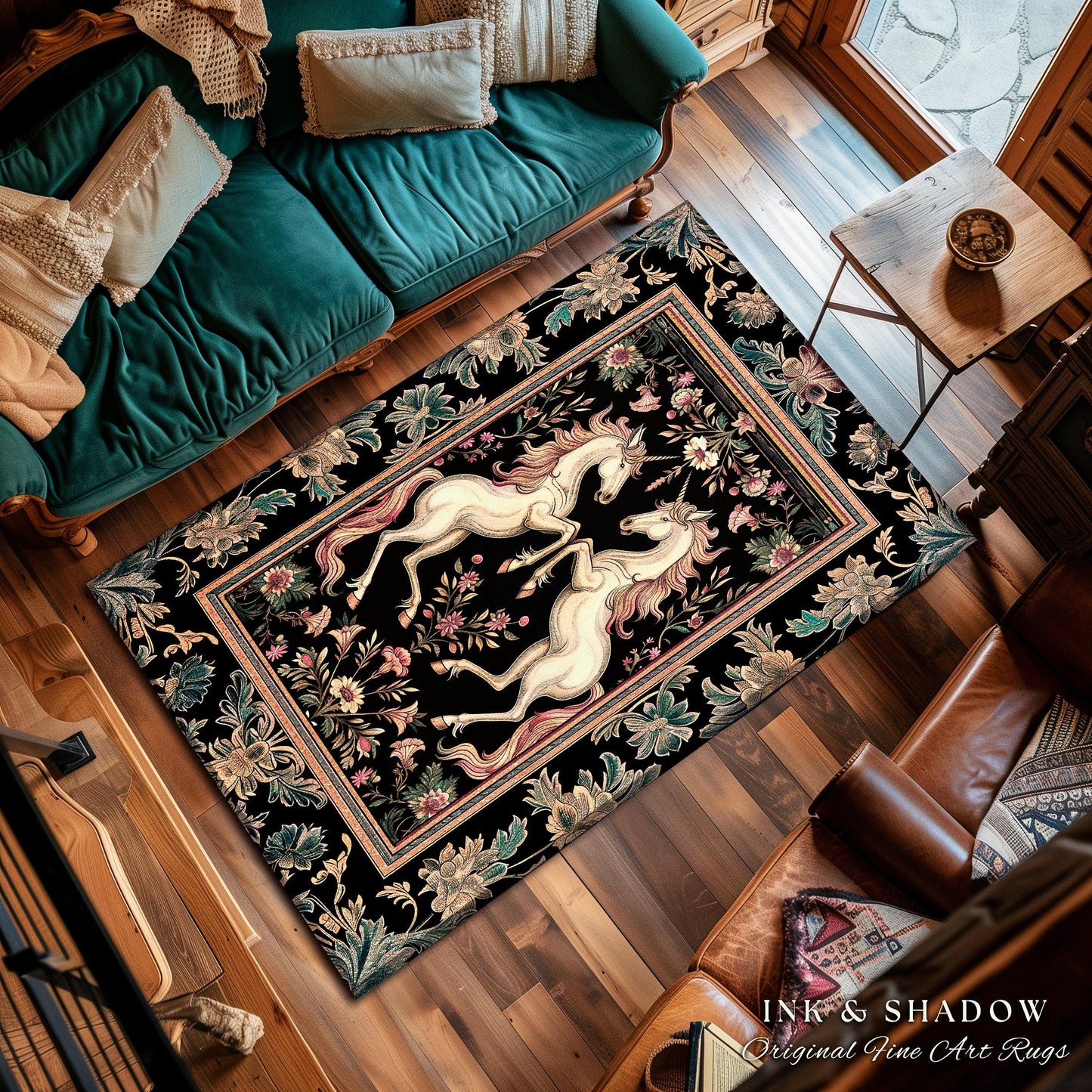 Rustic Folklore Mystical Unicorn Area Rug | Whimsical Purple Accent Bedroom Decor Magic Cottagecore Fairycore Magical Creature Dark Floral