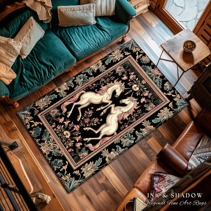 Rustic Folklore Mystical Unicorn Area Rug | Whimsical Purple Accent Bedroom Decor Magic Cottagecore Fairycore Magical Creature Dark Floral
