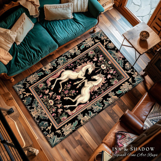 Rustic Folklore Mystical Unicorn Area Rug | Whimsical Purple Accent Bedroom Decor Magic Cottagecore Fairycore Magical Creature Dark Floral
