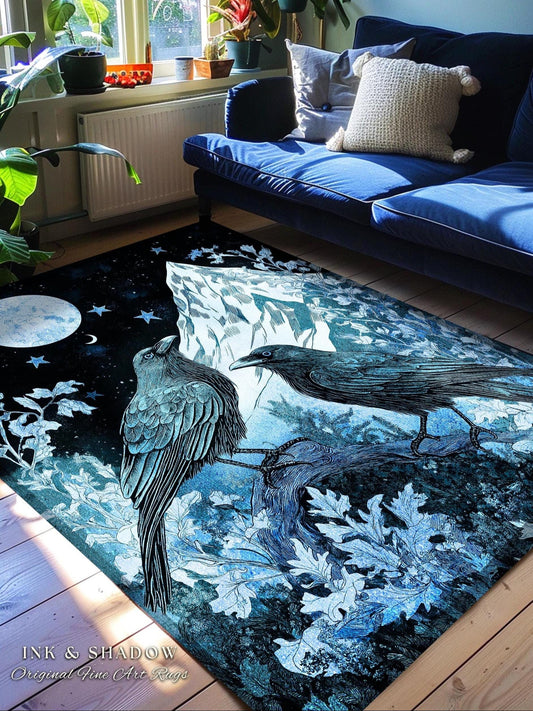 Moody Mountain Crow Accent Rug | Icy Blue Crowcore Gothic Enchantment Area Rug Whimsical Woodland Goblincore Bedroom Raven Magical Theme |