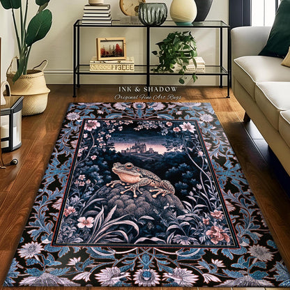 Witchy Toad Rug for Moody Bedroom | Dark Victorian Floral Frog Lover Accent Rug Eclectic Living Room Whimsical Cottagecore Magic Fairycore