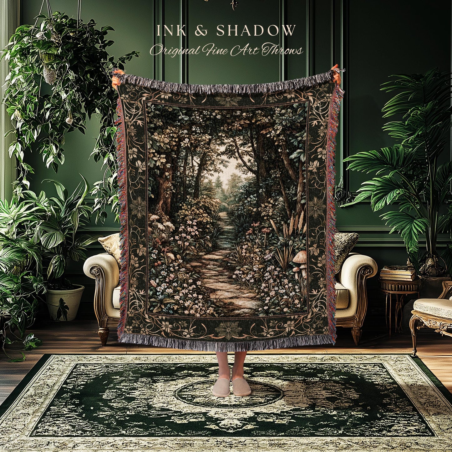 Fairy Meadow Mushroom Forest Woven Blanket Mystic Academia Folklore Inspired, Fairycore Woodland Gothic Whimsical Medieval Tapestry Throw