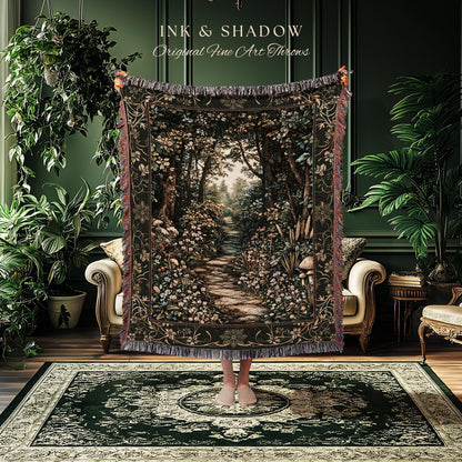 Fairy Meadow Mushroom Forest Woven Blanket Mystic Academia Folklore Inspired, Fairycore Woodland Gothic Whimsical Medieval Tapestry Throw
