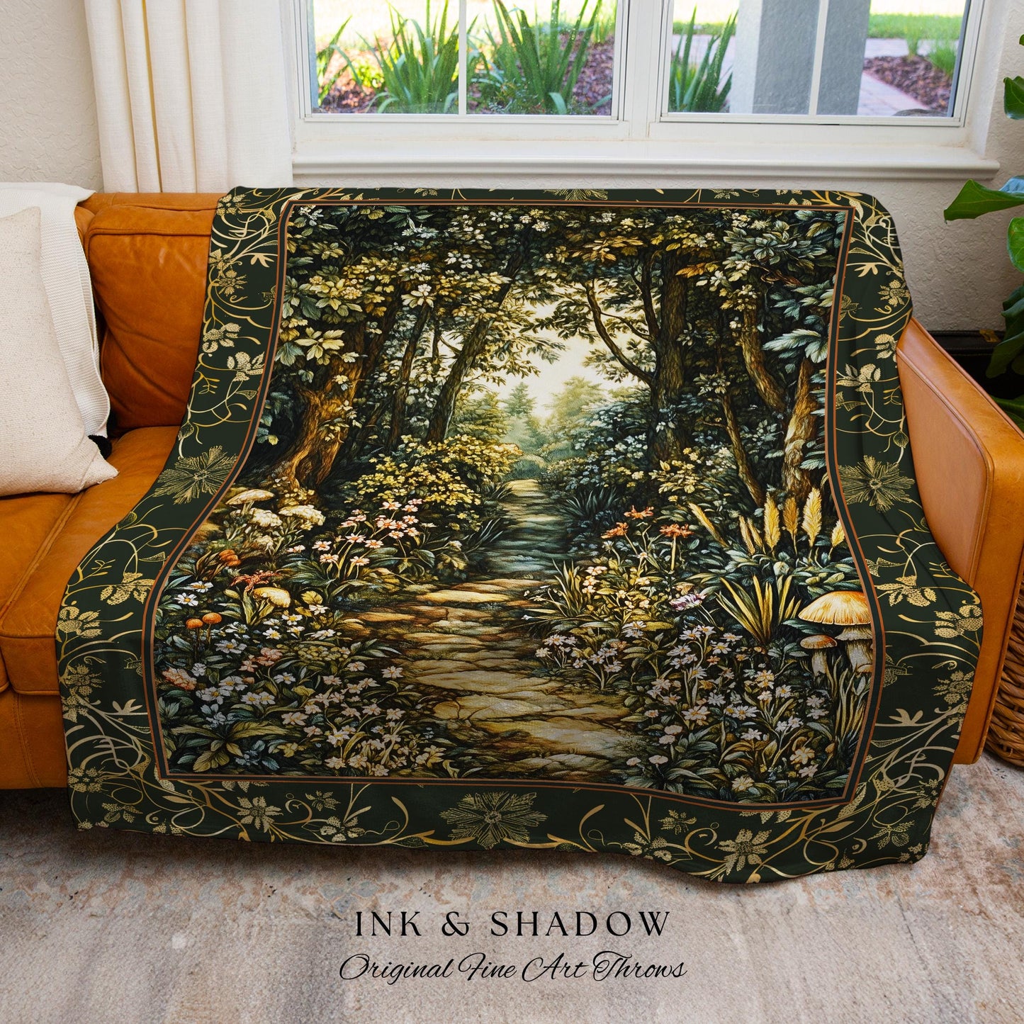 Fairy Meadow Mushroom Forest Woven Blanket Mystic Academia Folklore Inspired, Fairycore Woodland Gothic Whimsical Medieval Tapestry Throw