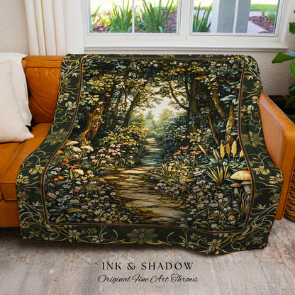 Fairy Meadow Mushroom Forest Woven Blanket Mystic Academia Folklore Inspired, Fairycore Woodland Gothic Whimsical Medieval Tapestry Throw