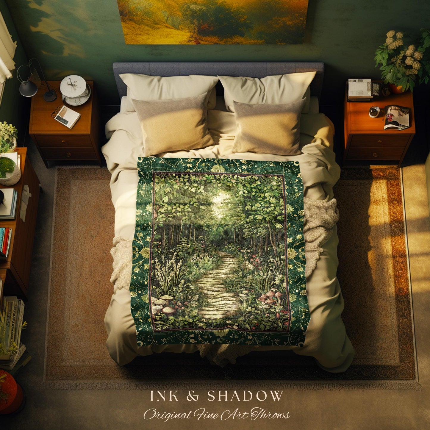 Ethereal Woodland Meadow Tapestry | Dark Academia Folklore Fairy Core Aesthetic Blanket Magical Bedroom Emerald Green Home Decor Botanical