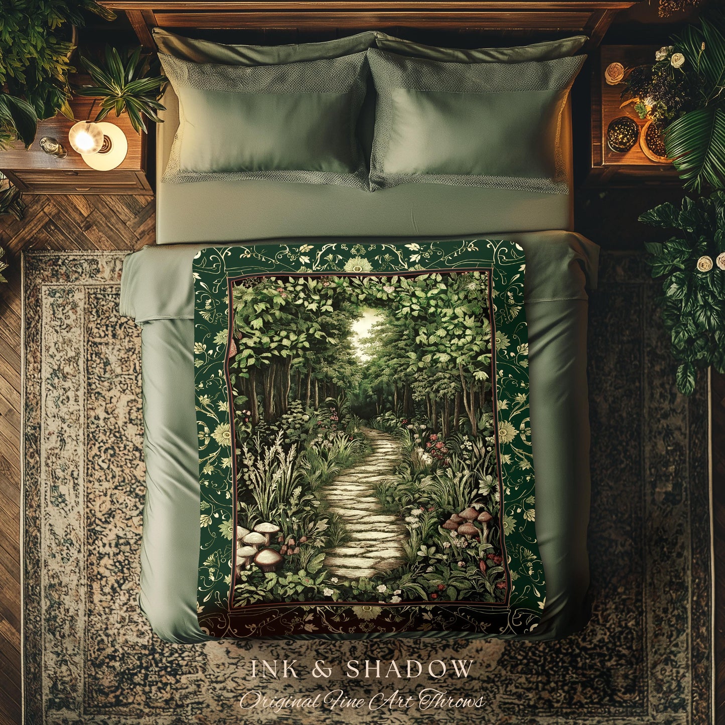 Ethereal Woodland Meadow Tapestry | Dark Academia Folklore Fairy Core Aesthetic Blanket Magical Bedroom Emerald Green Home Decor Botanical