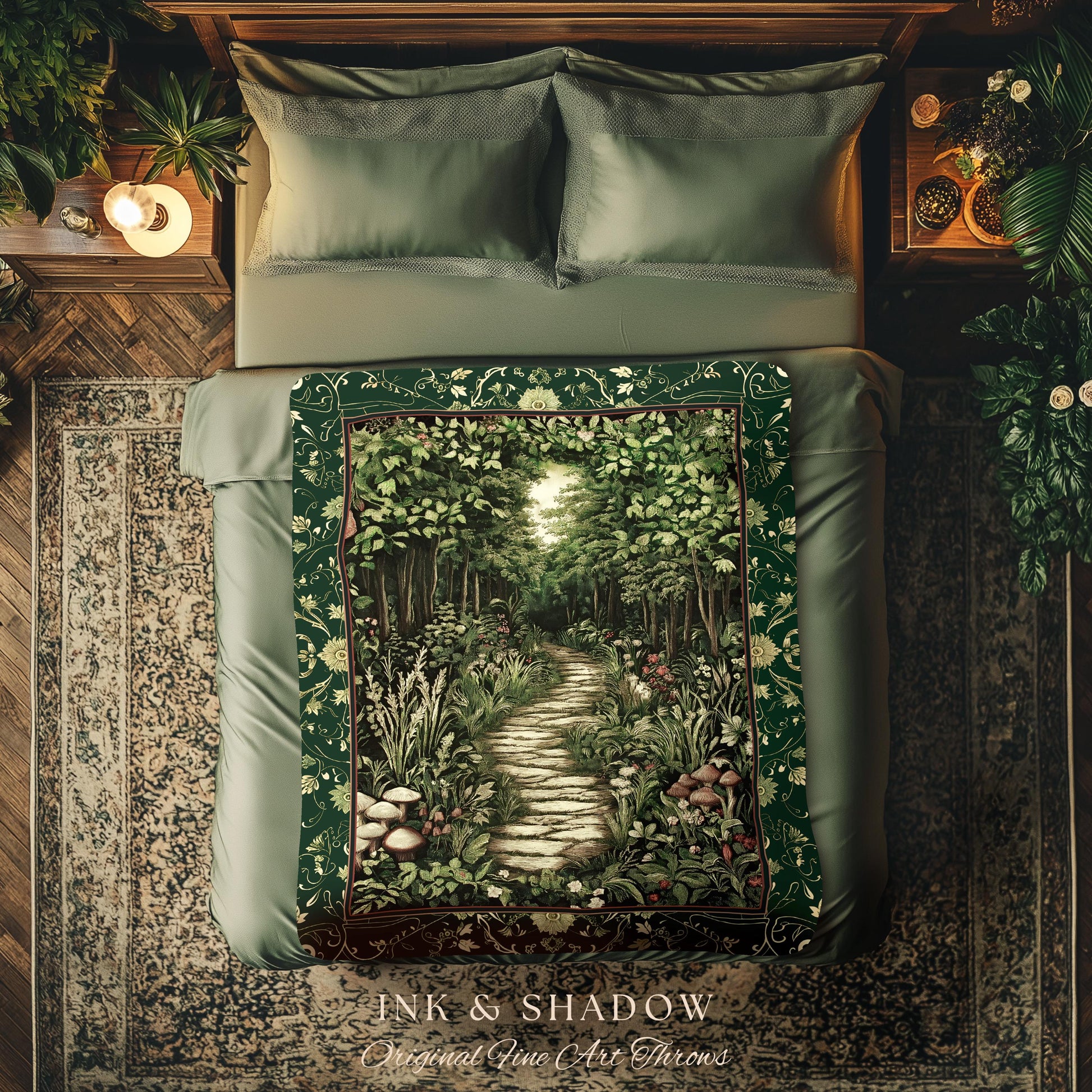 Ethereal Woodland Meadow Tapestry | Dark Academia Folklore Fairy Core Aesthetic Blanket Magical Bedroom Emerald Green Home Decor Botanical