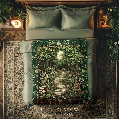 Ethereal Woodland Meadow Tapestry | Dark Academia Folklore Fairy Core Aesthetic Blanket Magical Bedroom Emerald Green Home Decor Botanical