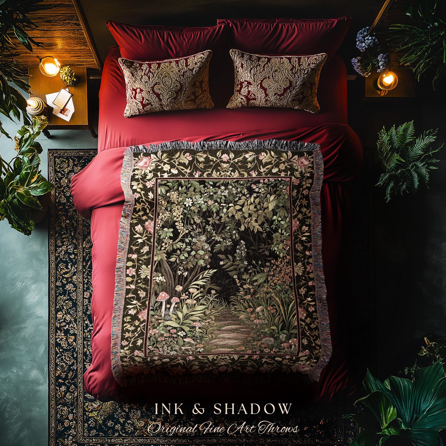 Toadstool Forest Mystical Mushroom Blanket | Dark Academia Folklore Forest Inspired Fairycore Botanical Aesthetic Tapestry Magical Medieval