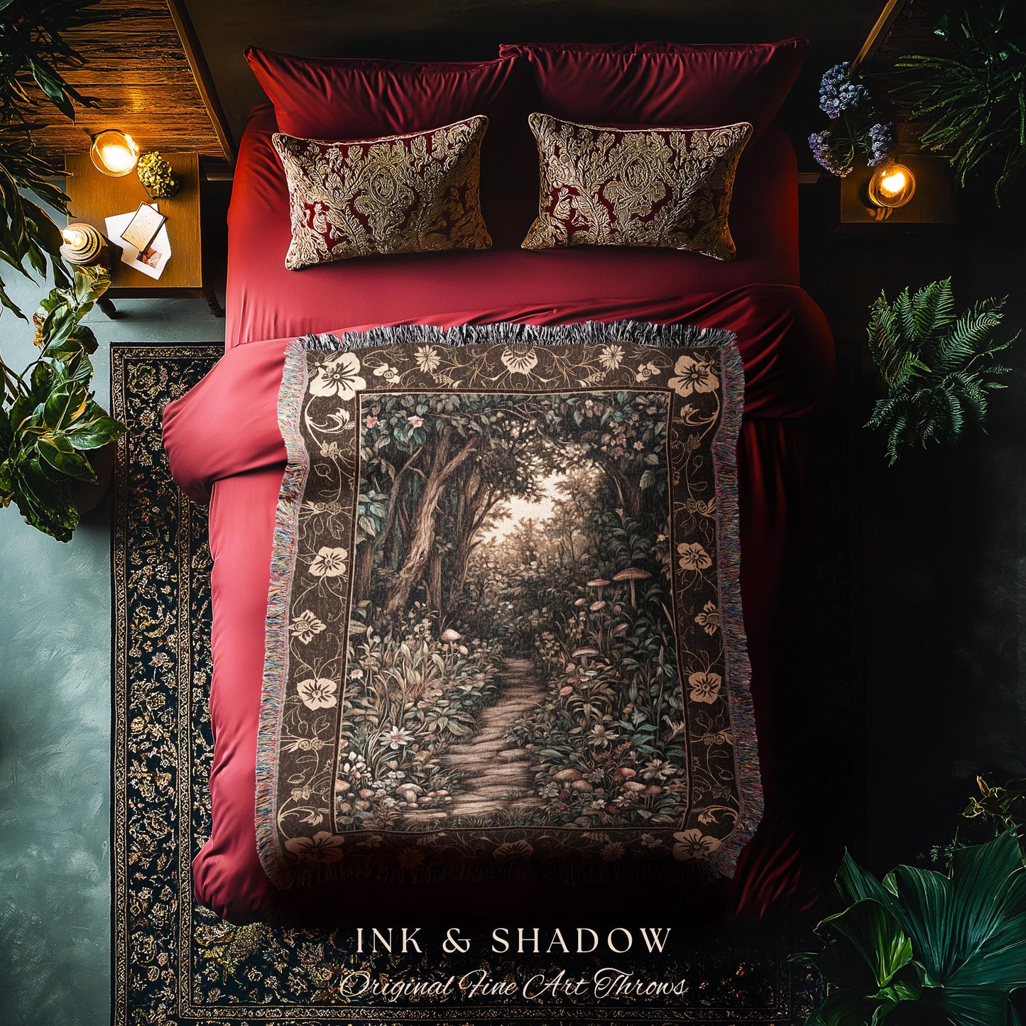 Mushroom Forest Magical Woodland Tapestry Blanket Ethereal Mystic Academia, Vintage Folklore Art Forest Fairycore Whimsigoth Medieval Throw