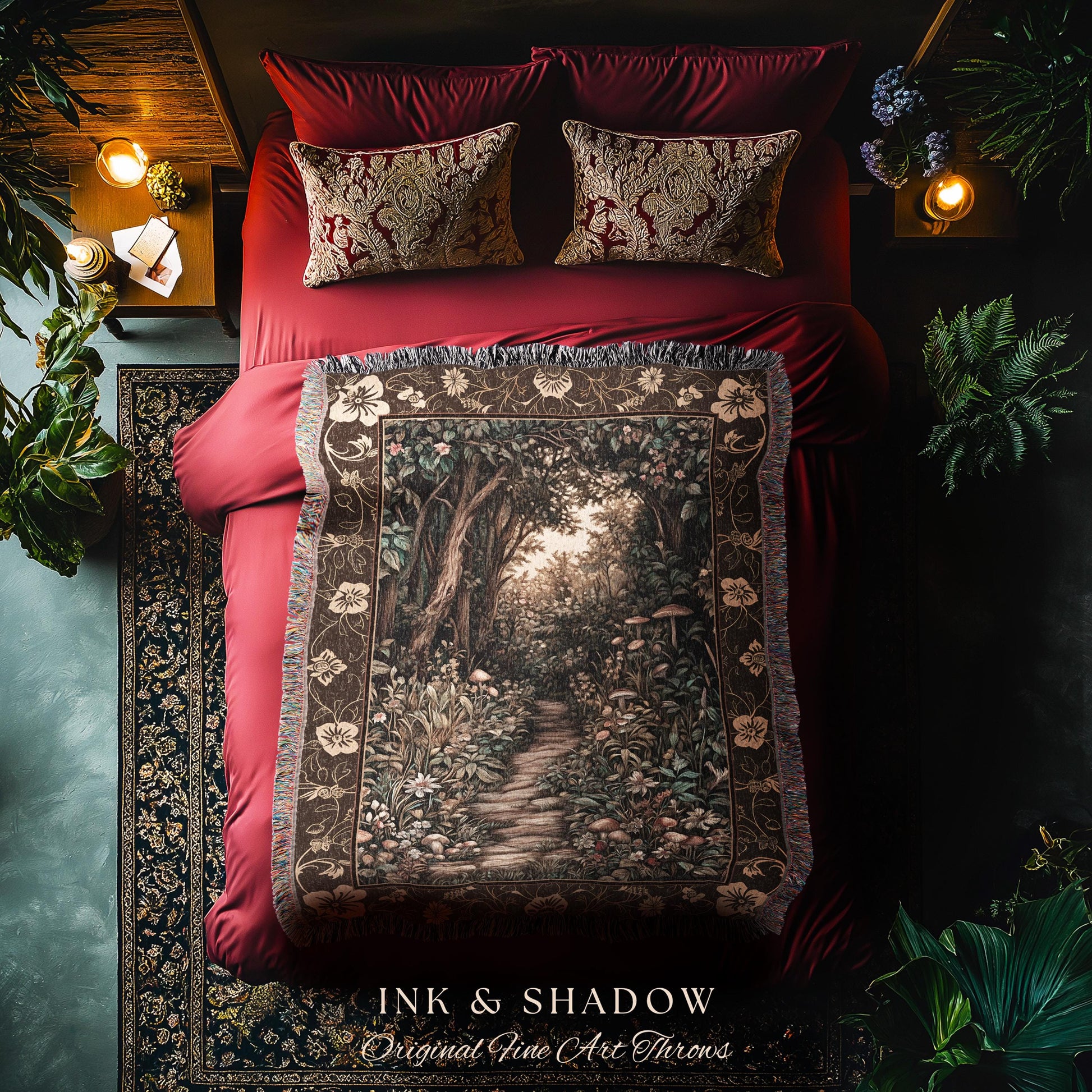 Mushroom Forest Magical Woodland Tapestry Blanket Ethereal Mystic Academia, Vintage Folklore Art Forest Fairycore Whimsigoth Medieval Throw