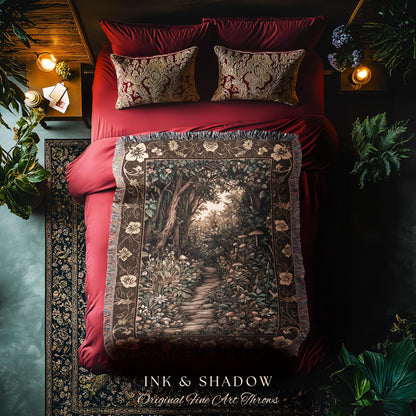 Mushroom Forest Magical Woodland Tapestry Blanket Ethereal Mystic Academia, Vintage Folklore Art Forest Fairycore Whimsigoth Medieval Throw