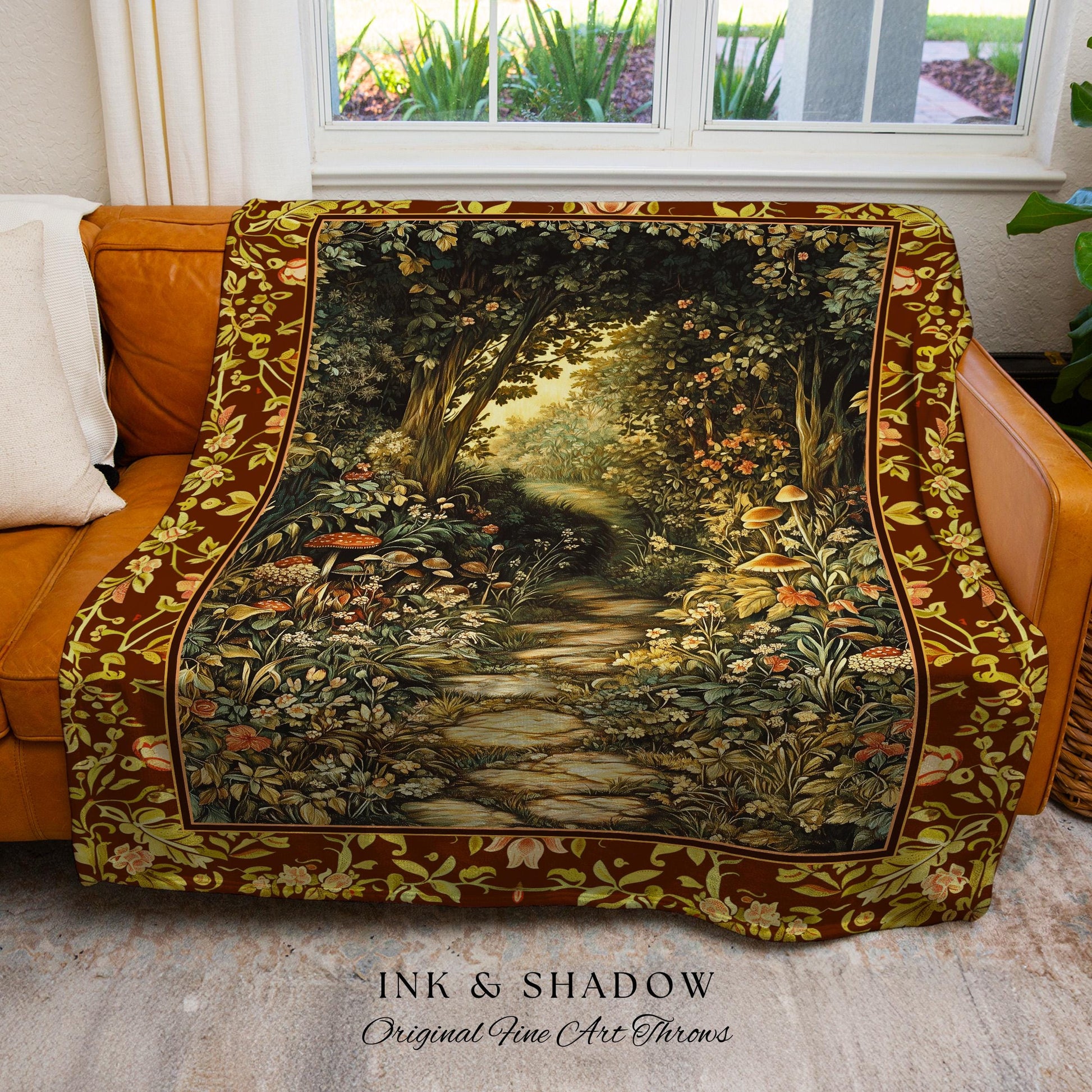 Fairy Ethereal Forest Tapestry Blanket Mystic Dark Academia Folklore Inspired, Magical Medieval Forestcore Botanical Woodland Woven Throw