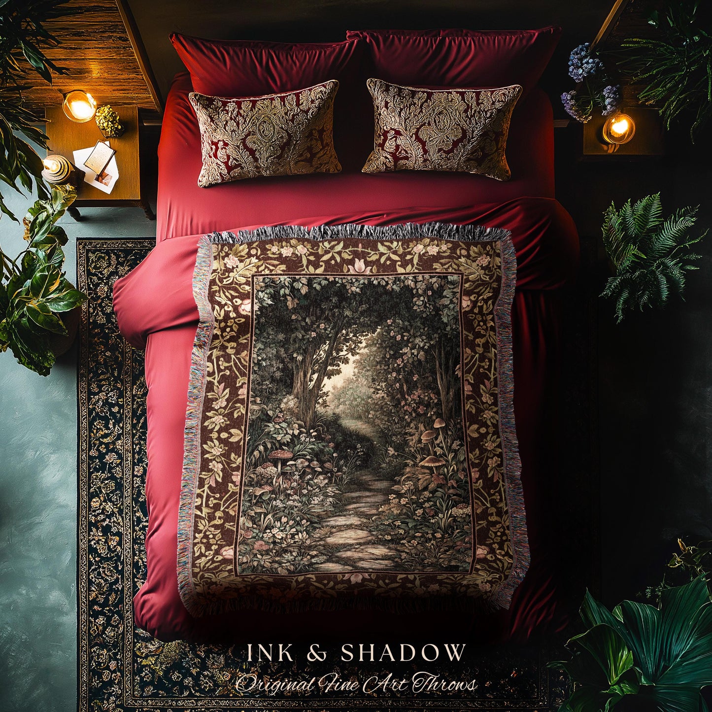Fairy Ethereal Forest Tapestry Blanket Mystic Dark Academia Folklore Inspired, Magical Medieval Forestcore Botanical Woodland Woven Throw