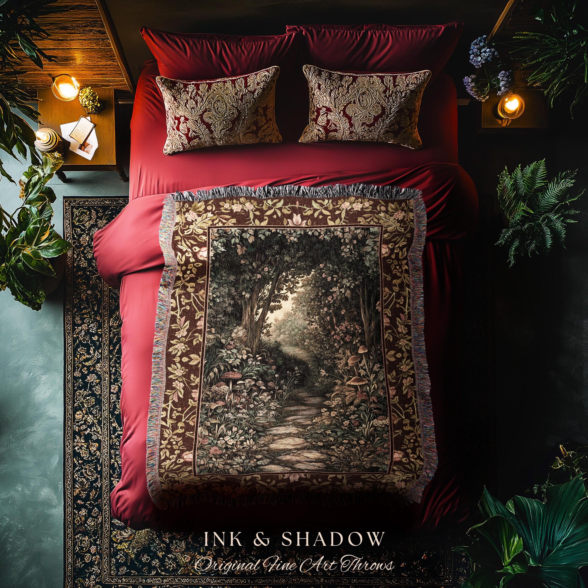 Fairy Ethereal Forest Tapestry Blanket Mystic Dark Academia Folklore Inspired, Magical Medieval Forestcore Botanical Woodland Woven Throw
