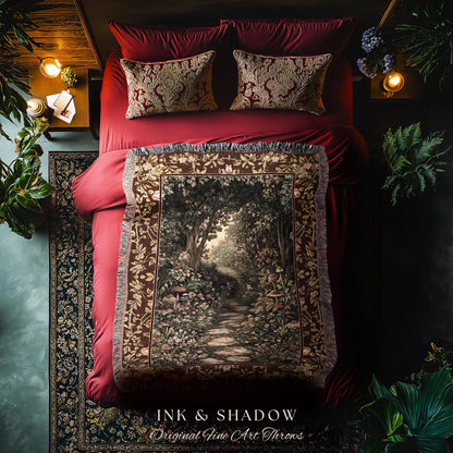 Fairy Ethereal Forest Tapestry Blanket Mystic Dark Academia Folklore Inspired, Magical Medieval Forestcore Botanical Woodland Woven Throw