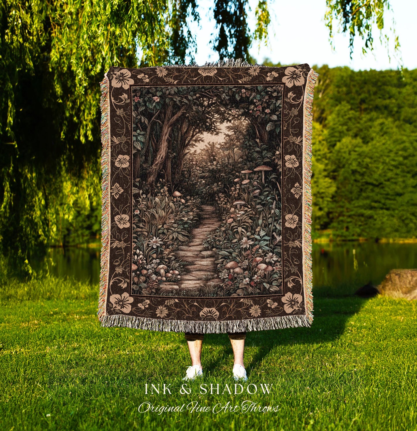 Mushroom Forest Magical Woodland Tapestry Blanket Ethereal Mystic Academia, Vintage Folklore Art Forest Fairycore Whimsigoth Medieval Throw