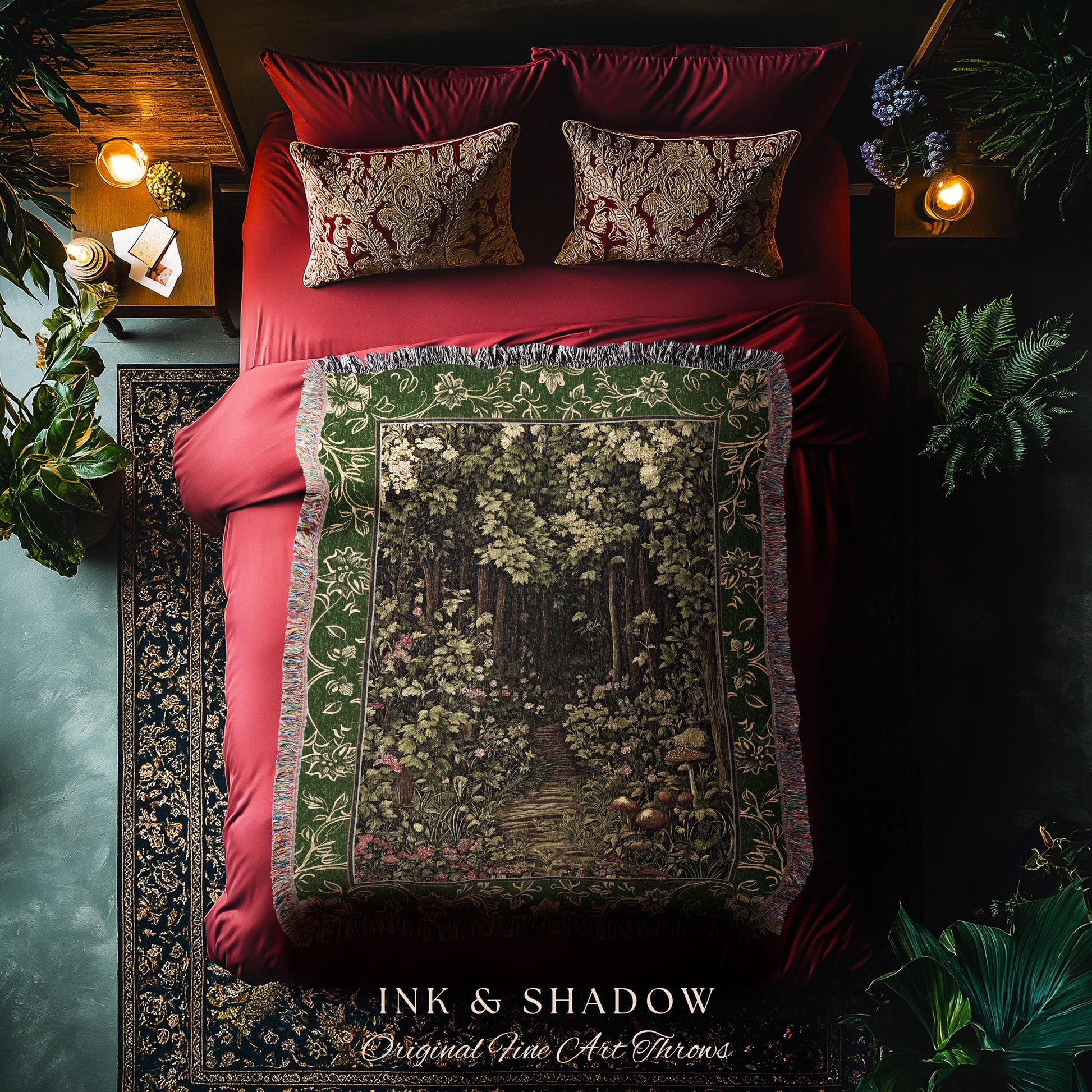 Mystic Aesthetic Woodland Home Magical Decor Plant Loving Bedroom Housewarming Gift Emerald Woods | Fairytale Forest Botanical Throw Blanket