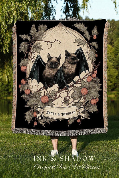 Vintage Bat Blanket Personalized Couples Gift Gothic Wedding Custom Blanket Woven | Gift for Goth Couples Holiday Bat Blanket Gothic Decor