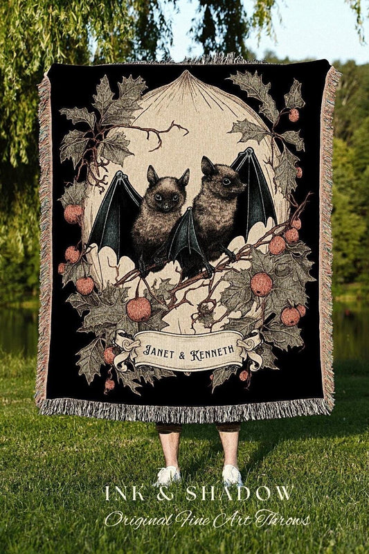 Vintage Bat Blanket Personalized Couples Gift Gothic Wedding Custom Blanket Woven | Gift for Goth Couples Holiday Bat Blanket Gothic Decor