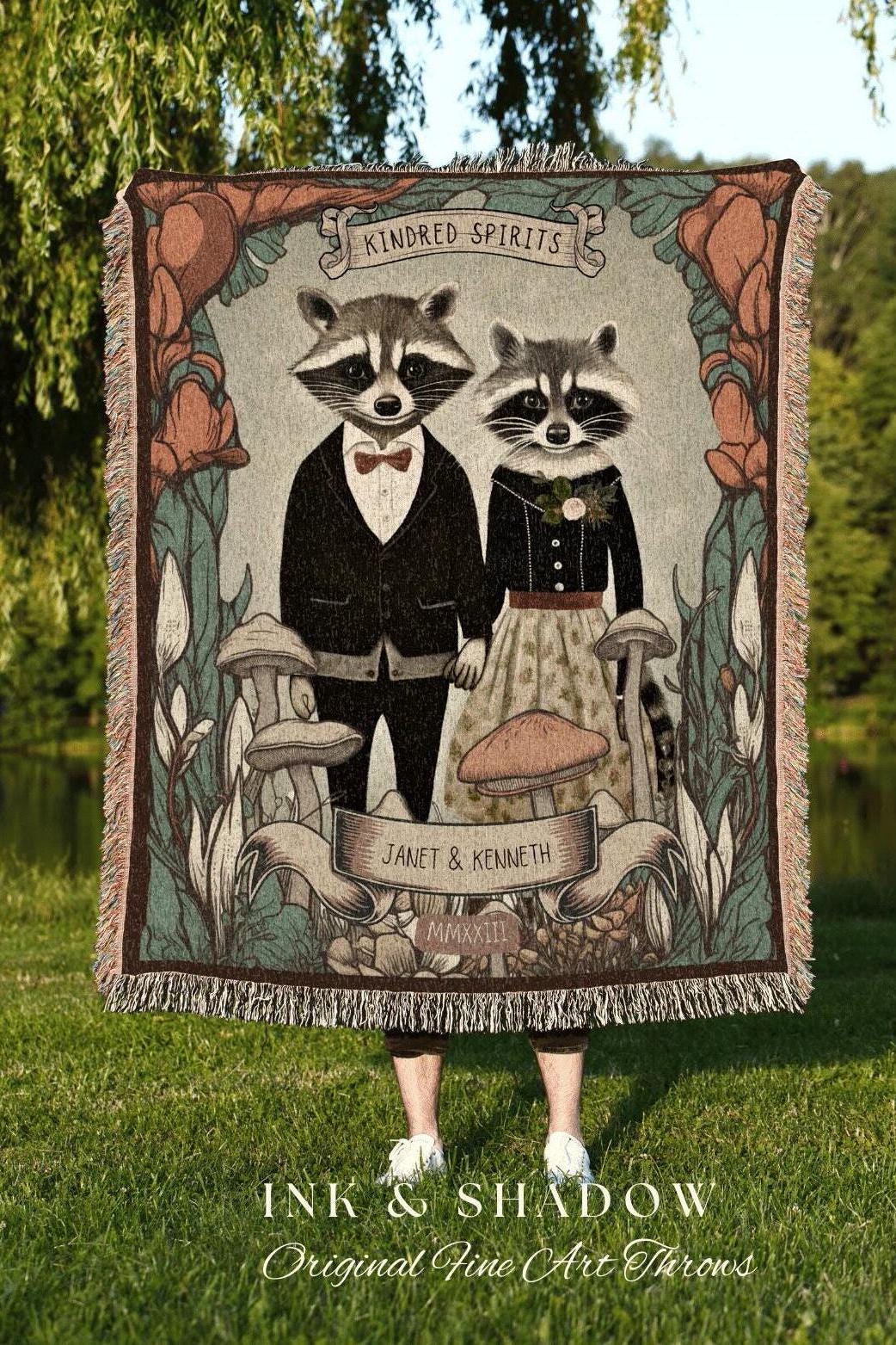 Custom Raccoon Couples Blanket | Cottagecore Couple Gothic Raccoon Blanket Couples Tapestry Personalized Mr & Mrs Custom Anniversary Blanket