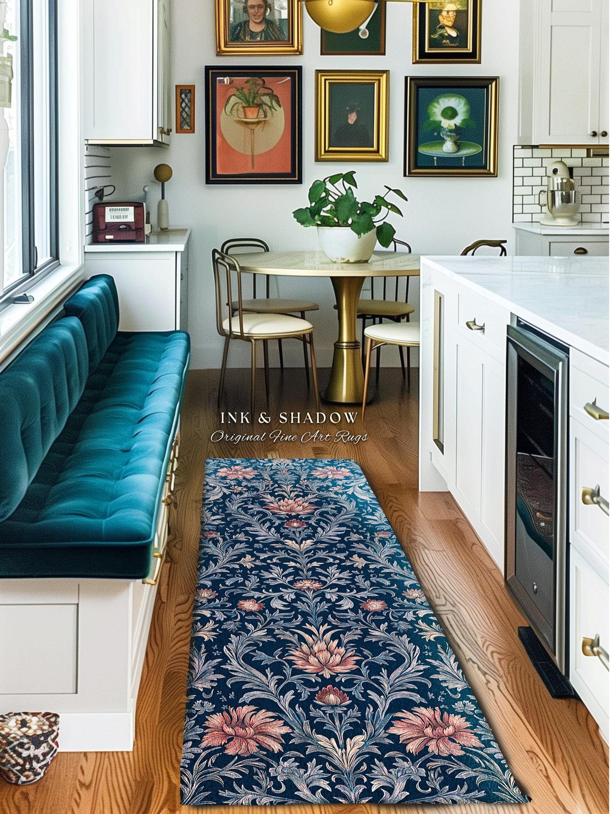 Rustic Blue Floral Ornate Area Rug | Romantic Opulence Vintage Renaissance Themed Elegant Accent Rug Dark Academia Victorian Gothic Decor |