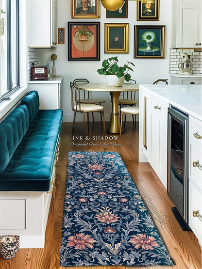 Rustic Blue Floral Ornate Area Rug | Romantic Opulence Vintage Renaissance Themed Elegant Accent Rug Dark Academia Victorian Gothic Decor |