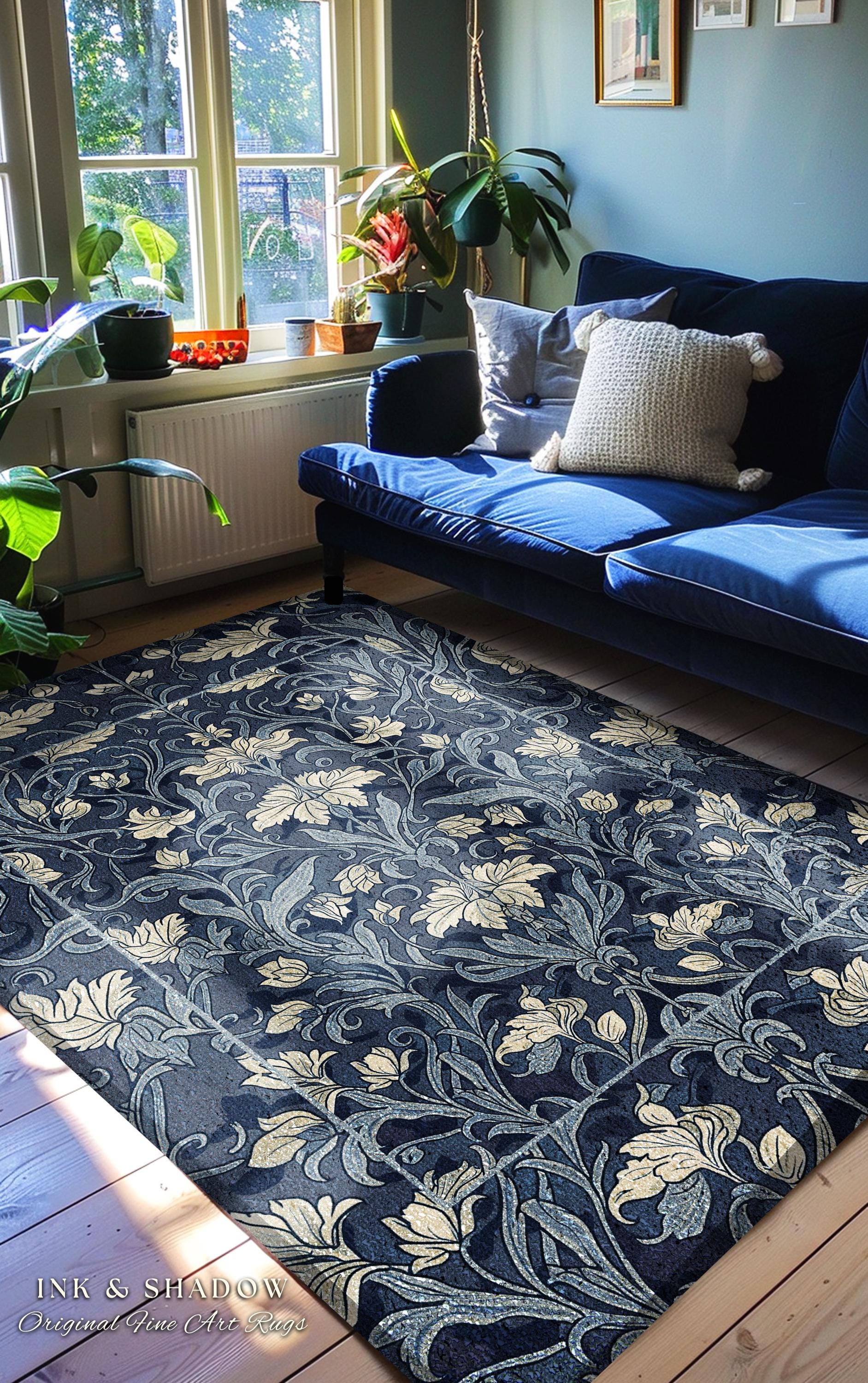 Vintage Navy Dusty Blue Rustic Floral Hallway Rug, Dark Cottagecore Decor Botanical Accent Art Nouveau Garden Aesthetic Entryway Runner Rug