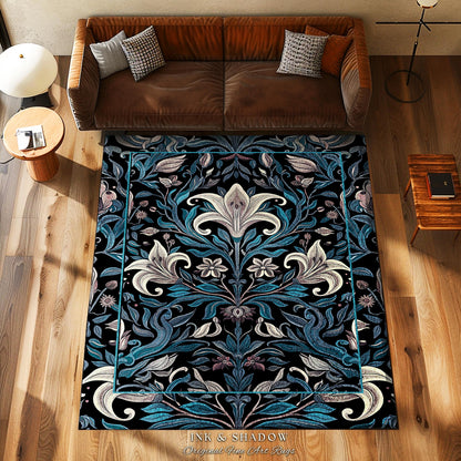 Victorian Gothic Lily Flower Runner Jewel Tones Entryway Rug, Indigo Blue Art Nouveau Floral Home Decor Whimsical Botanical Statement Piece