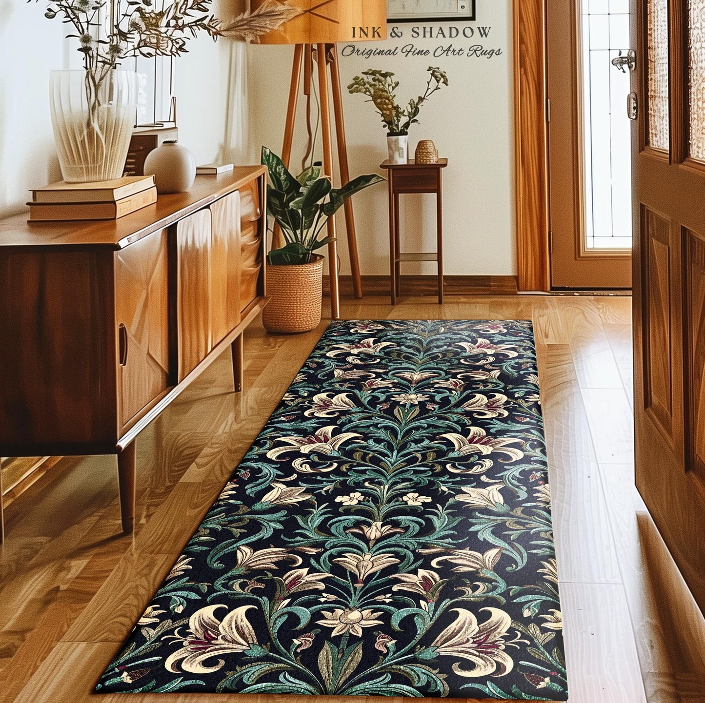 Enchanted Teal Botanical Lily Flowers Runner Rug | Art Nouveau Floral Folk Art Entryway Accent Cottage Garden Inspired Dark Academia Decor
