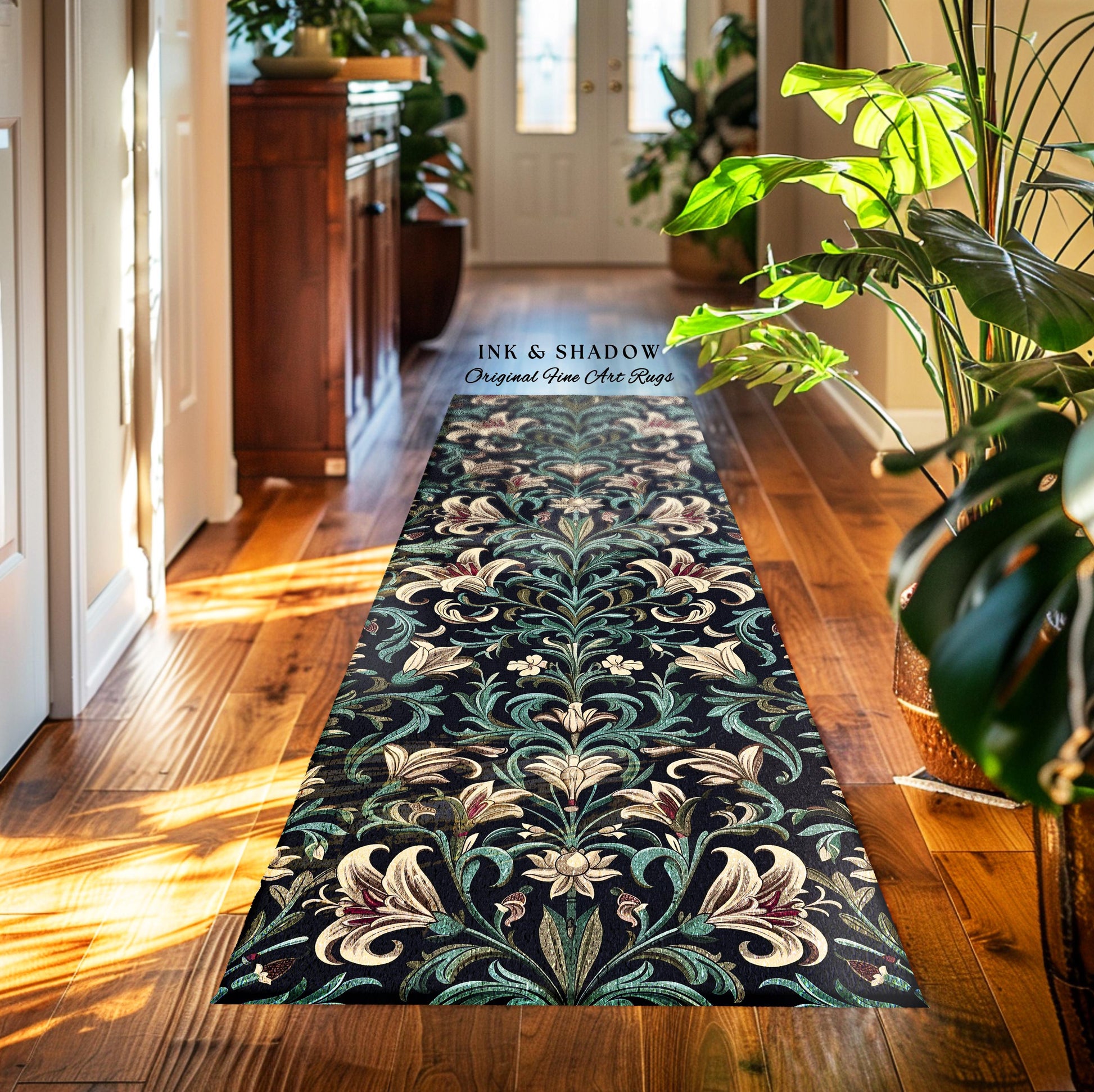 Enchanted Teal Botanical Lily Flowers Runner Rug | Art Nouveau Floral Folk Art Entryway Accent Cottage Garden Inspired Dark Academia Decor