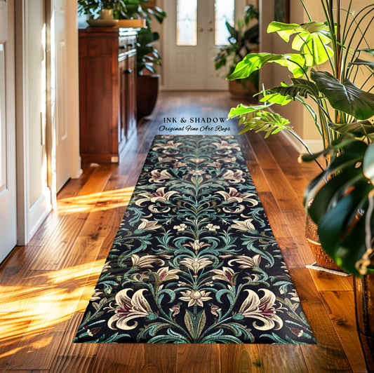 Enchanted Teal Botanical Lily Flowers Runner Rug | Art Nouveau Floral Folk Art Entryway Accent Cottage Garden Inspired Dark Academia Decor