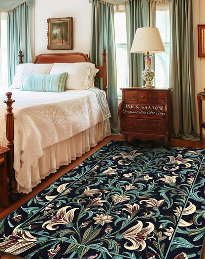 Enchanted Teal Botanical Lily Flowers Runner Rug | Art Nouveau Floral Folk Art Entryway Accent Cottage Garden Inspired Dark Academia Decor
