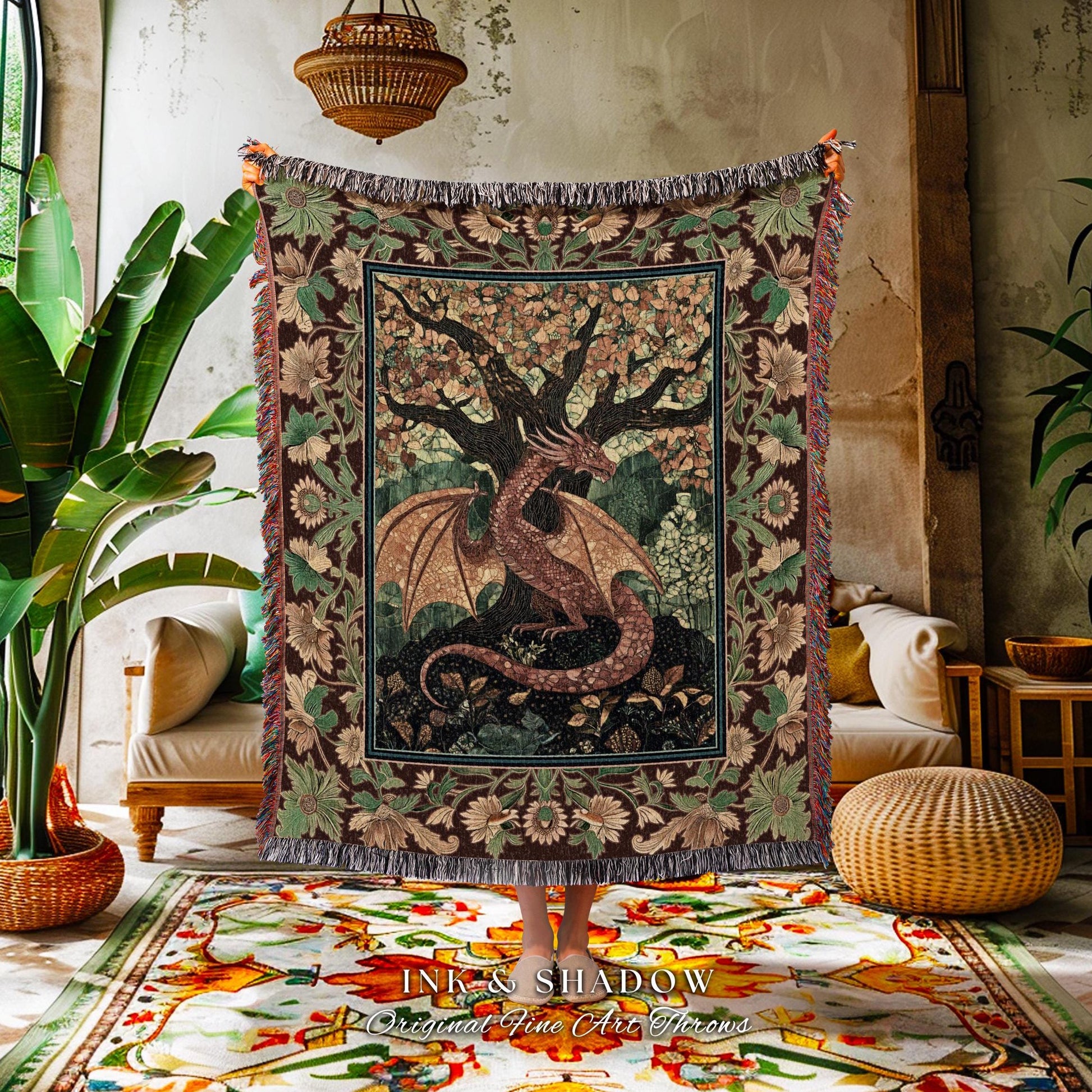 Modern Renaissance Dragon Throw Blanket | Victorian Gothic Tapestry Woodland Medieval Bedroom Ethereal Fairytale Gothic Dark Botanical Home
