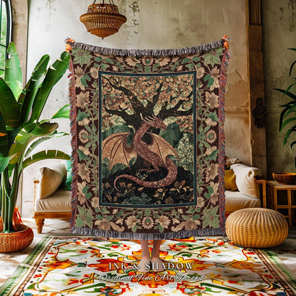 Modern Renaissance Dragon Throw Blanket | Victorian Gothic Tapestry Woodland Medieval Bedroom Ethereal Fairytale Gothic Dark Botanical Home
